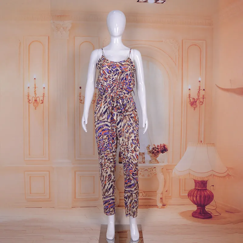 Spaghetti Strap Floral Print Jumpsuit Beachwear with Sashes