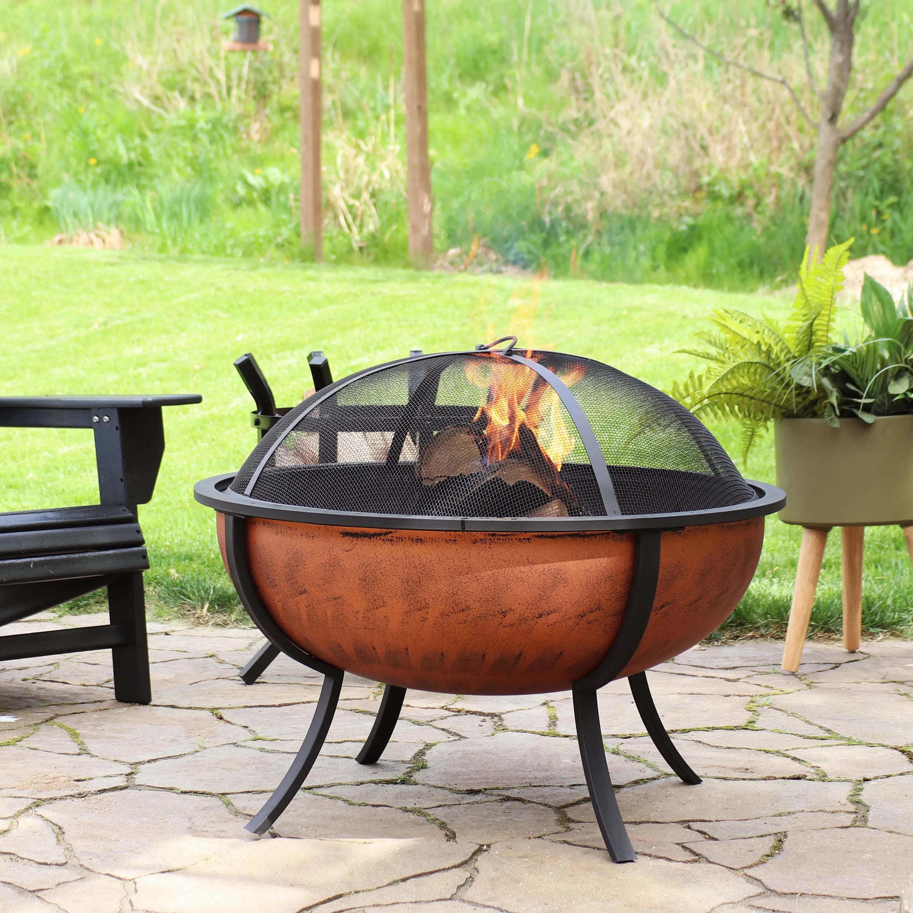 Sunnydaze Copper Raised Outdoor Fire Pit Bowl with Spark Screen - 32"