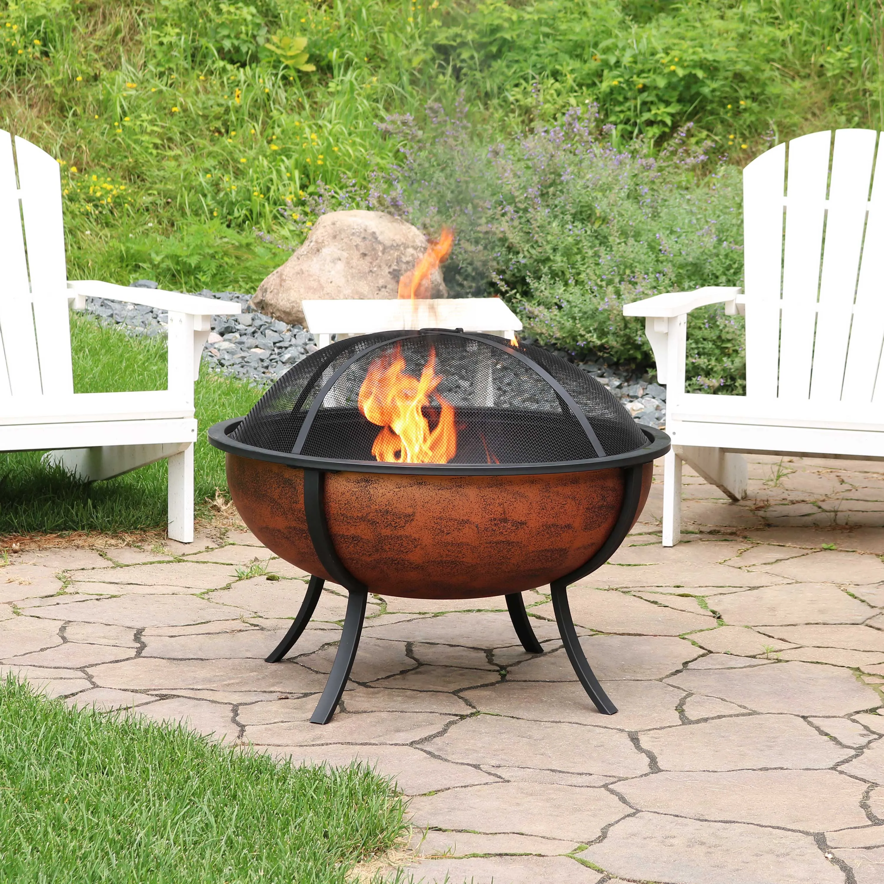 Sunnydaze Copper Raised Outdoor Fire Pit Bowl with Spark Screen - 32"