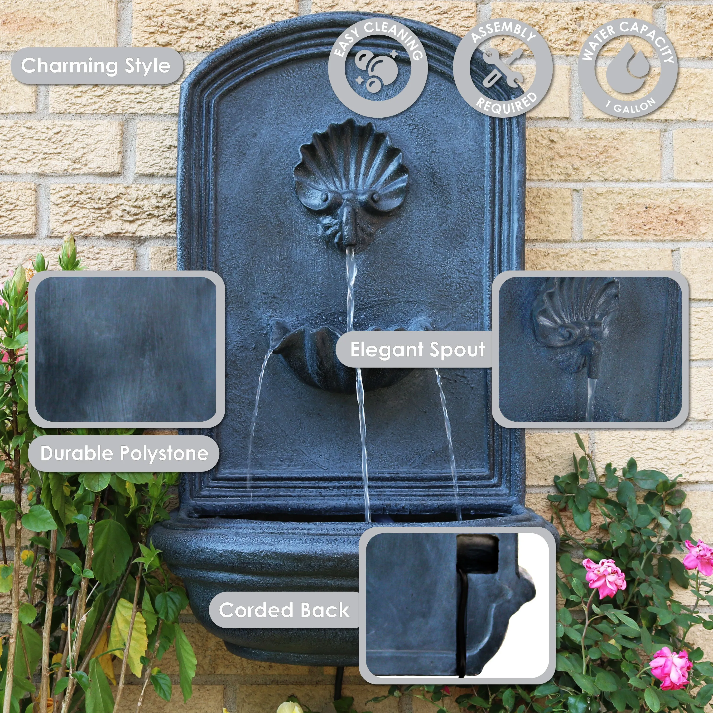 Sunnydaze Seaside Outdoor Solar Wall Fountain - 27" H