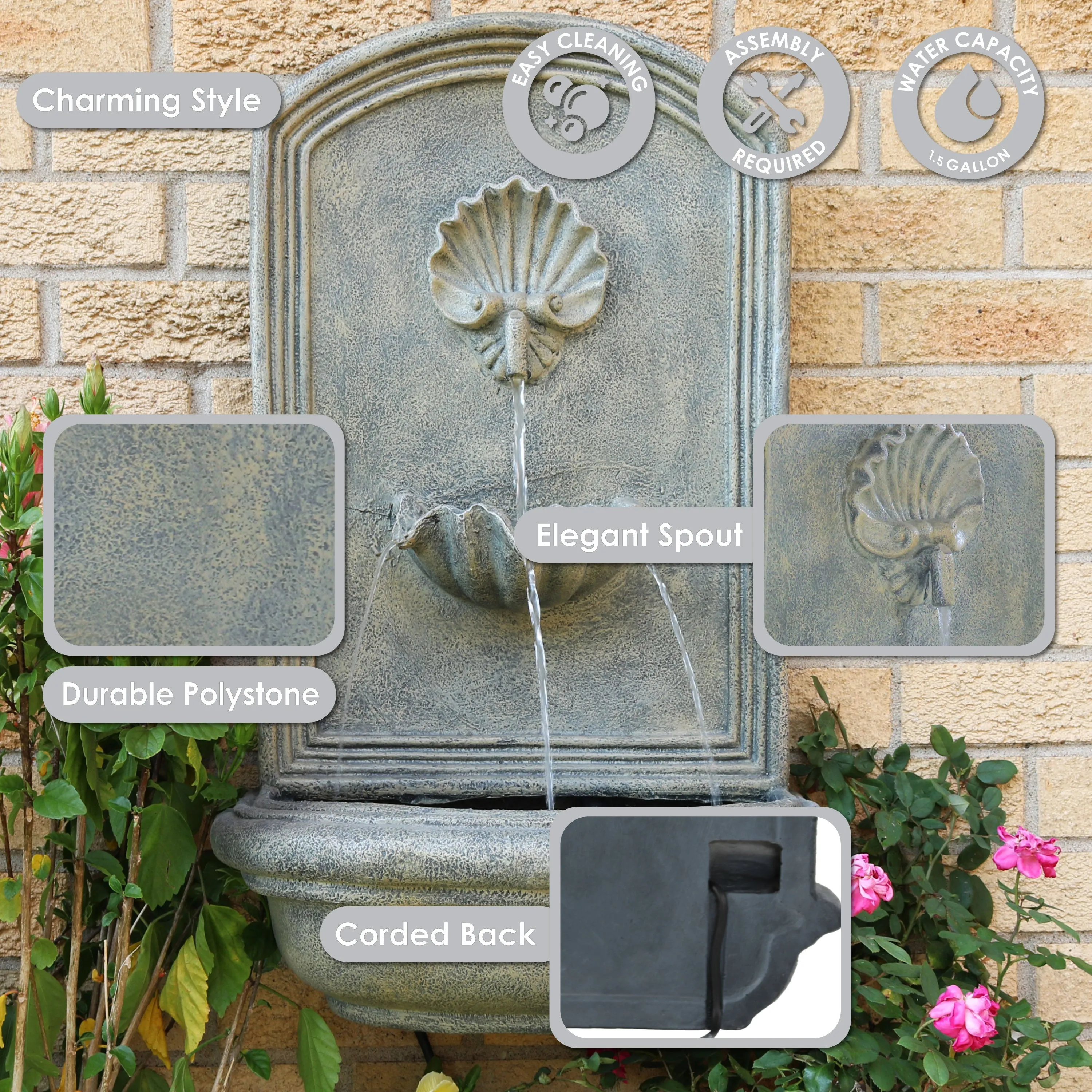 Sunnydaze Seaside Outdoor Solar Wall Fountain - 27" H