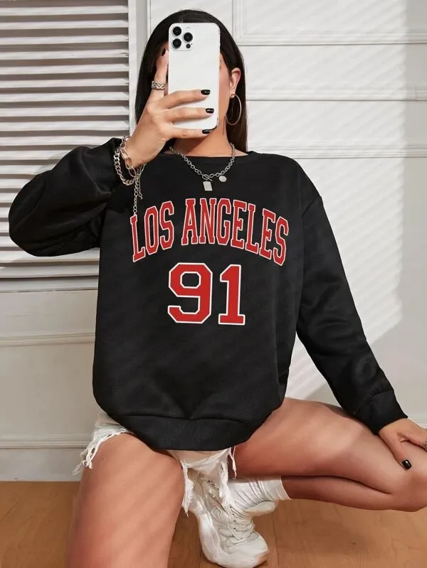 SXV  'Los Angeles 91’ Printed Cool Aesthetic Drop Shoulder Oversized Sweatshirt
