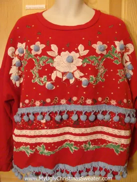 Tacky Christmas Sweatshirt 80s Flowers and PomPom Trim