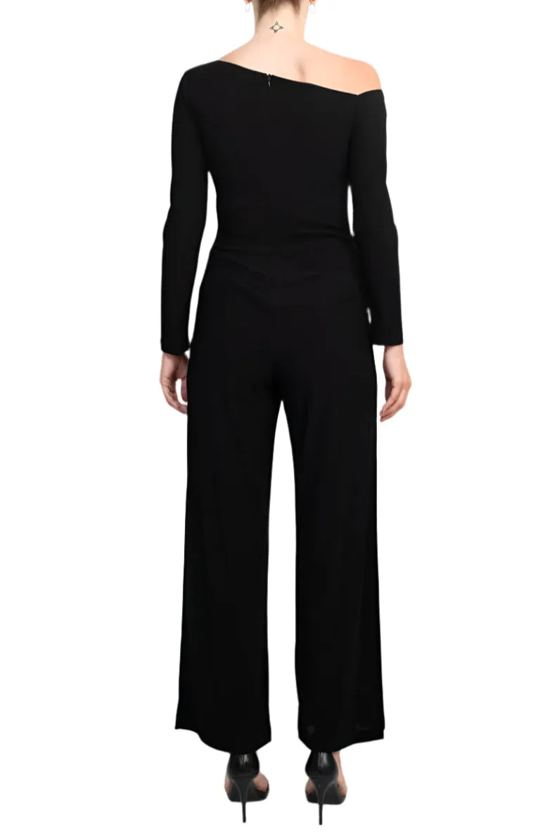 Taylor One-Shoulder Long Sleeve Zipper Back Solid Stretch Crepe Jumpsuit