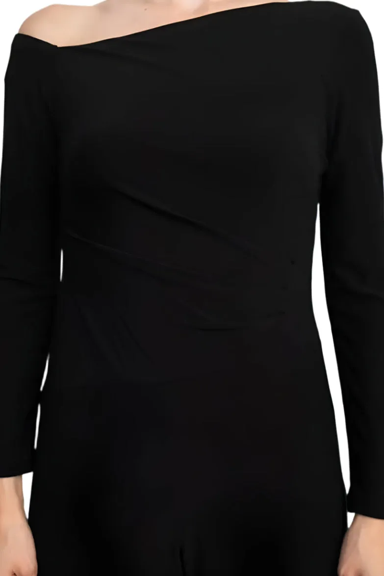 Taylor One-Shoulder Long Sleeve Zipper Back Solid Stretch Crepe Jumpsuit