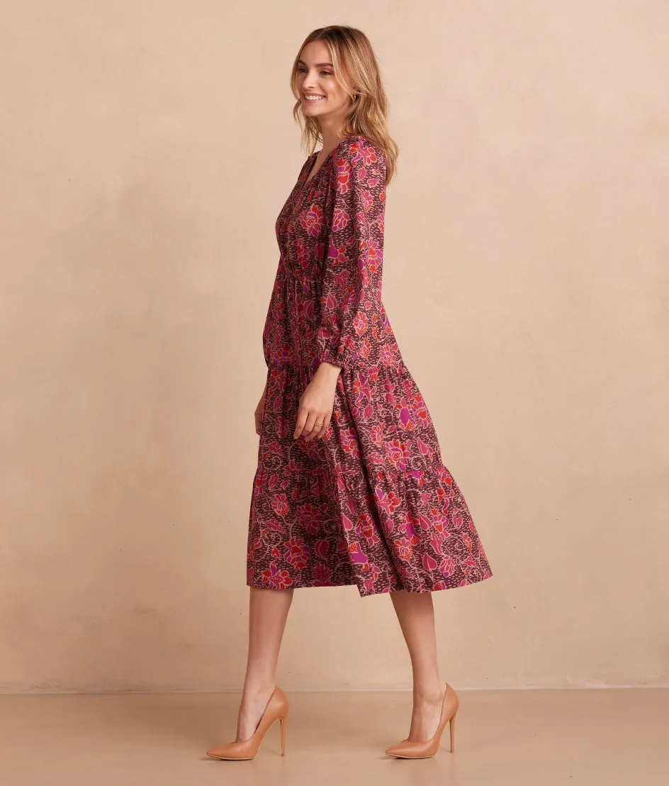 The Countryside Poplin Button Down Midi Dress - Vineyard Blooms in Pinot