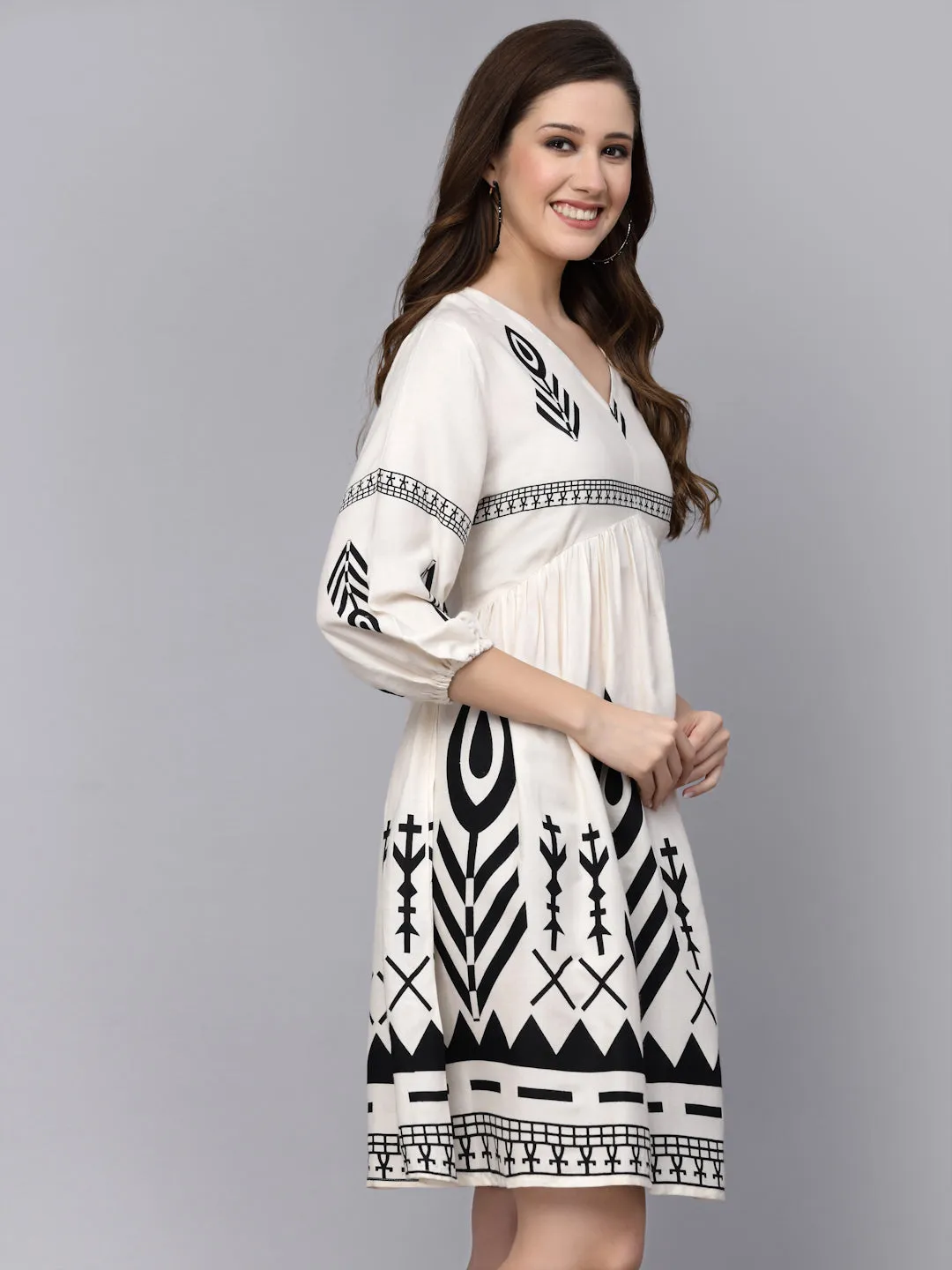 TUNIC-Off White, Rayon Printed