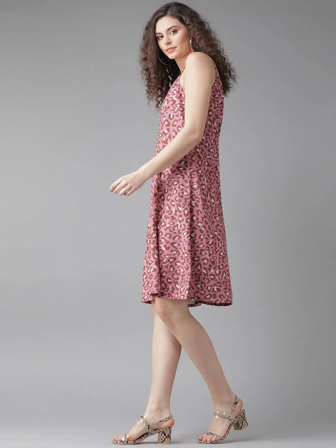 TUNIC - Women Pink & Brown Leopard Print A-Line Dress