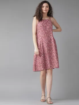 TUNIC - Women Pink & Brown Leopard Print A-Line Dress