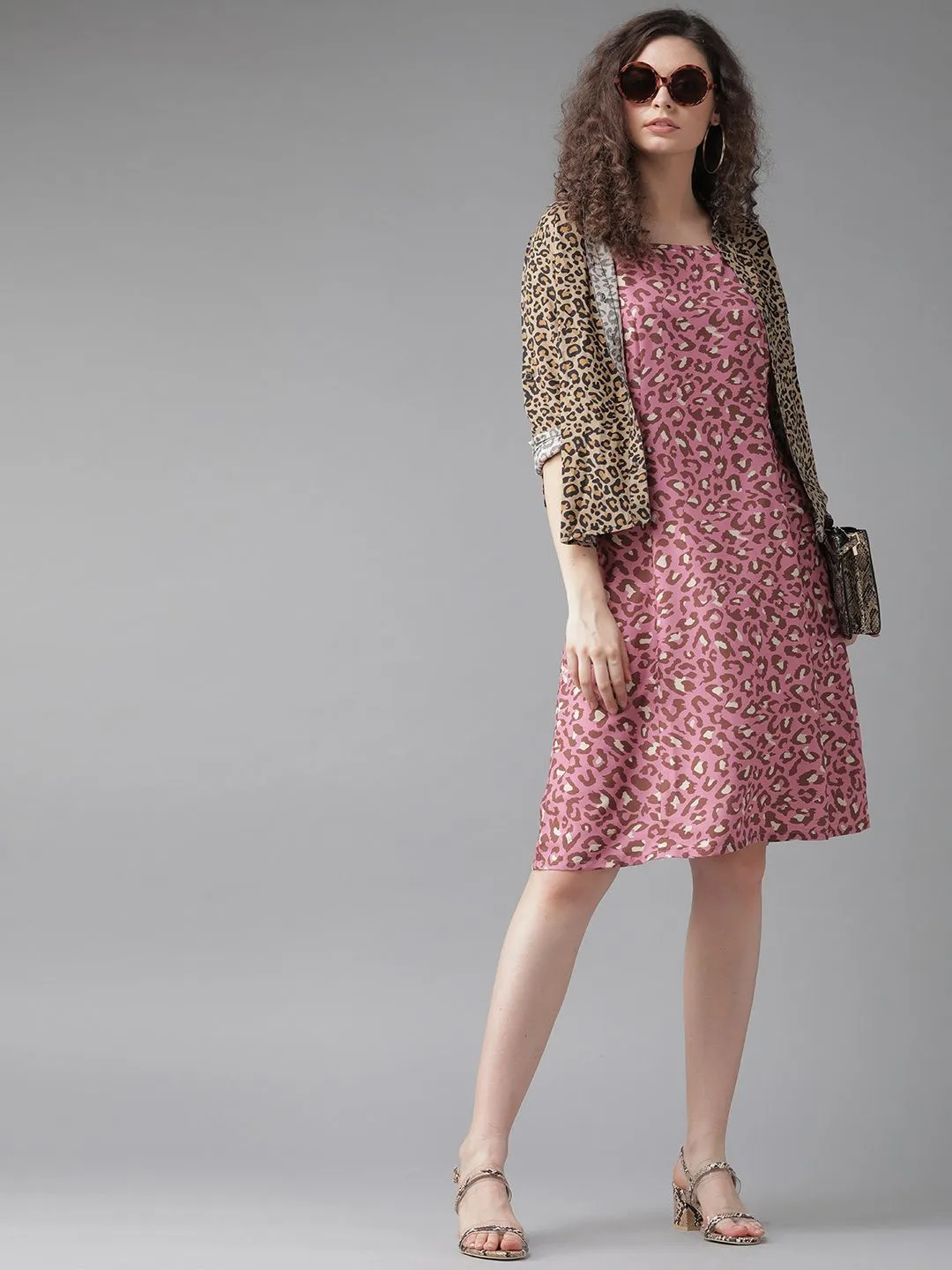 TUNIC - Women Pink & Brown Leopard Print A-Line Dress
