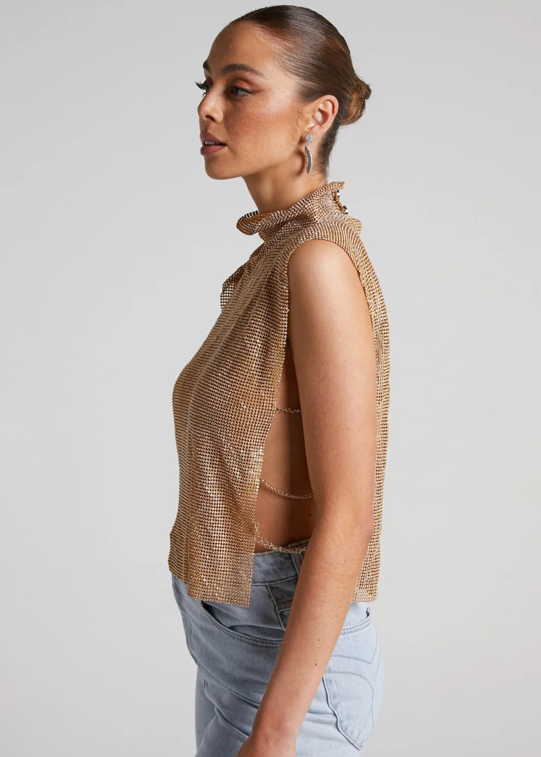 Turtleneck Rhinestones Side Chain Vest Top