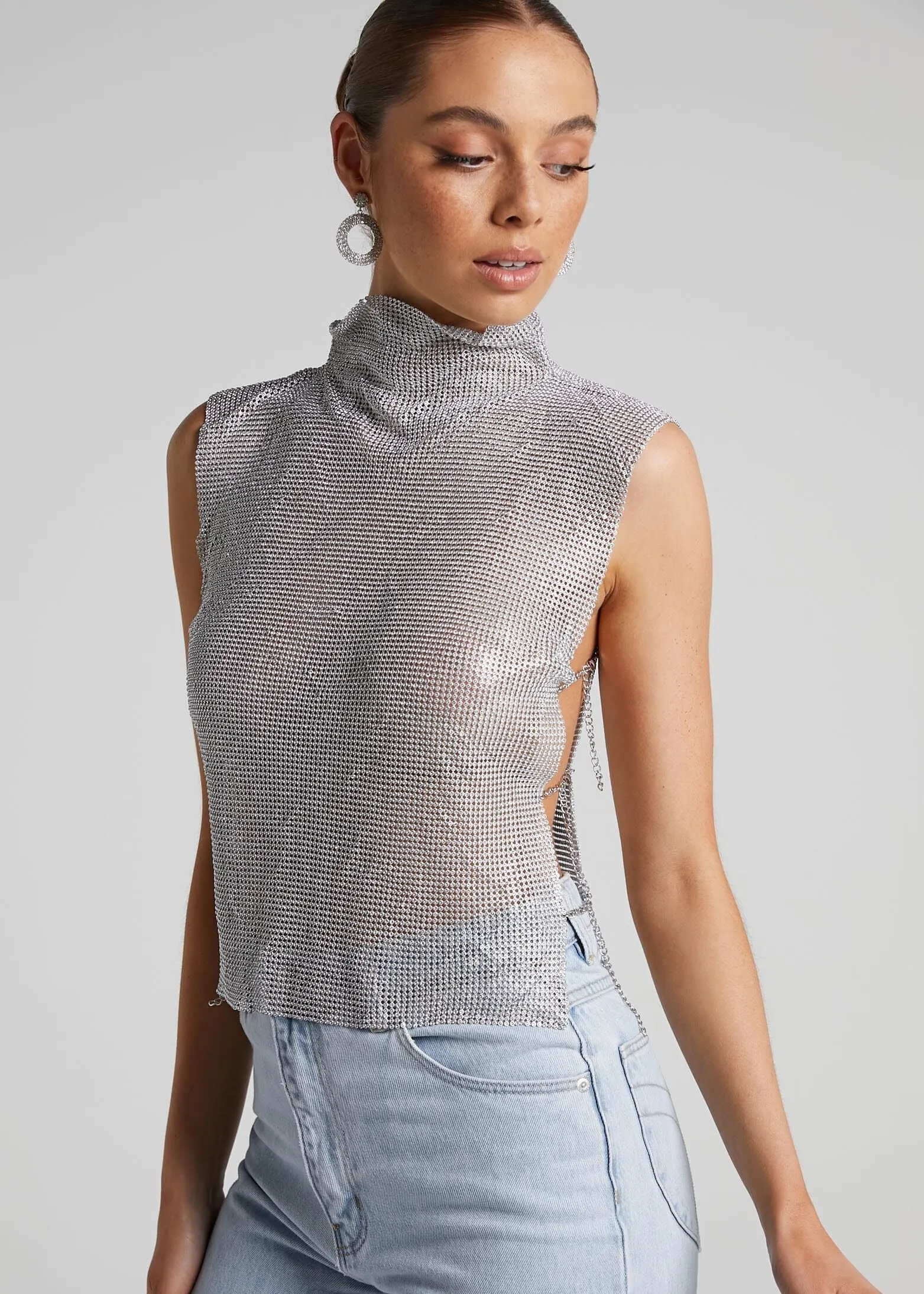 Turtleneck Rhinestones Side Chain Vest Top