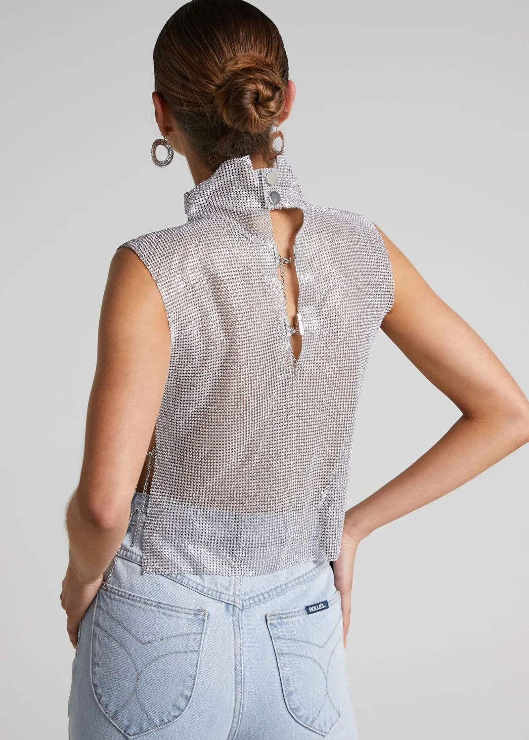 Turtleneck Rhinestones Side Chain Vest Top
