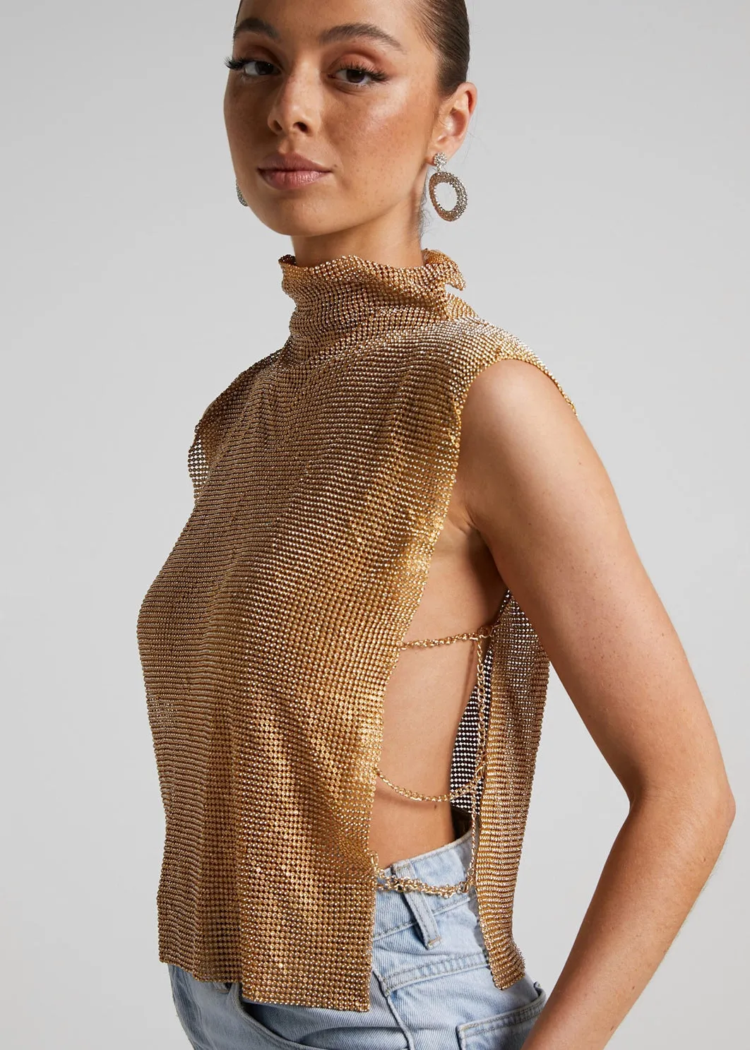 Turtleneck Rhinestones Side Chain Vest Top