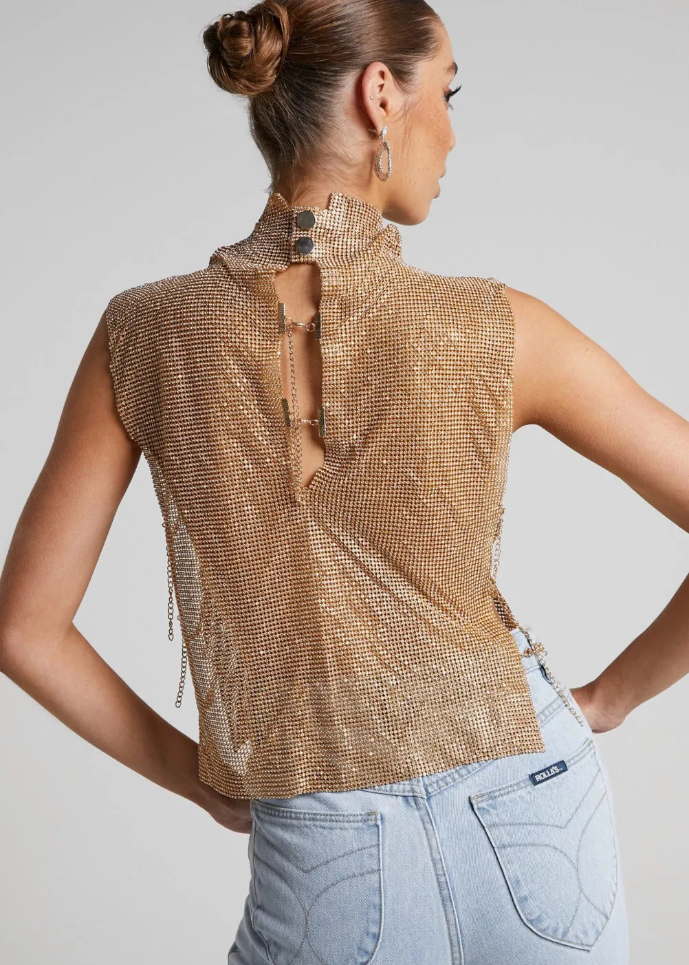 Turtleneck Rhinestones Side Chain Vest Top
