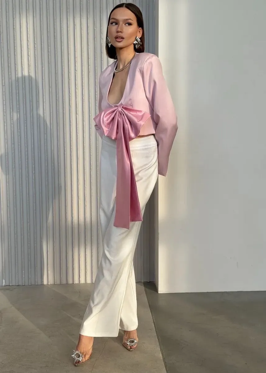 V-Neck Bow Decor Cropped Jacket
