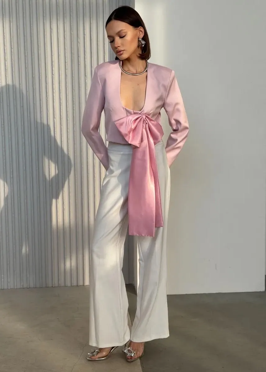 V-Neck Bow Decor Cropped Jacket