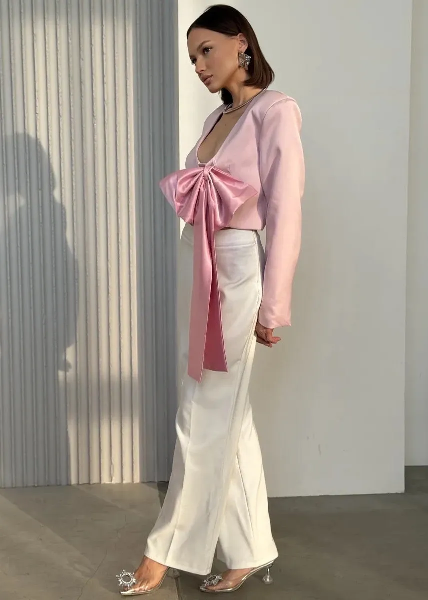 V-Neck Bow Decor Cropped Jacket