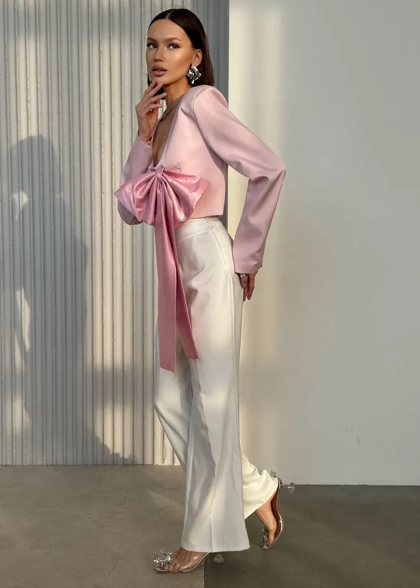 V-Neck Bow Decor Cropped Jacket