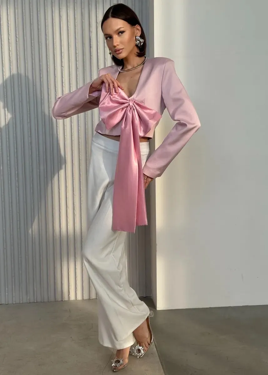 V-Neck Bow Decor Cropped Jacket