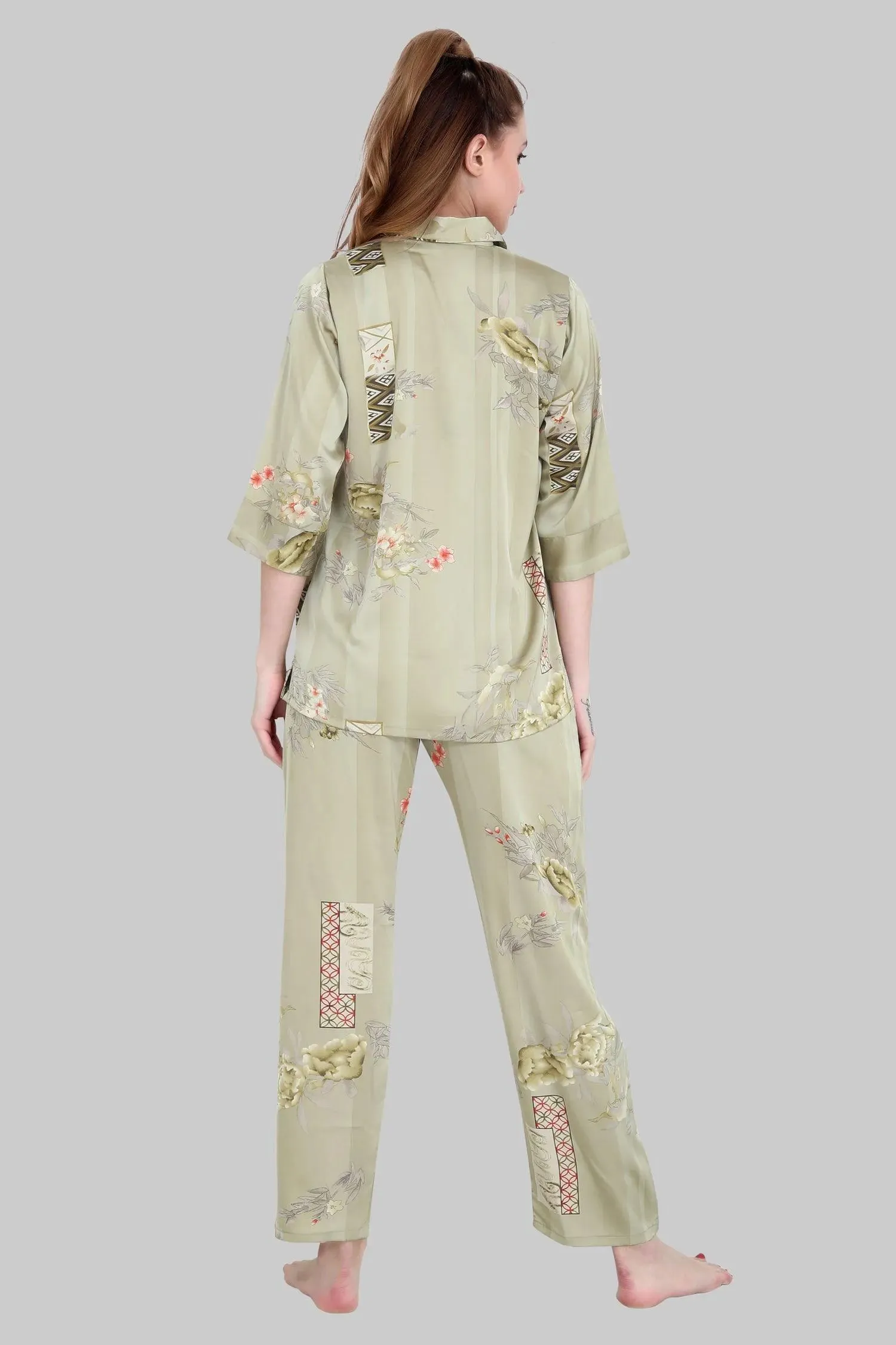 Velure Embellished Floral Print Satin Night Suit