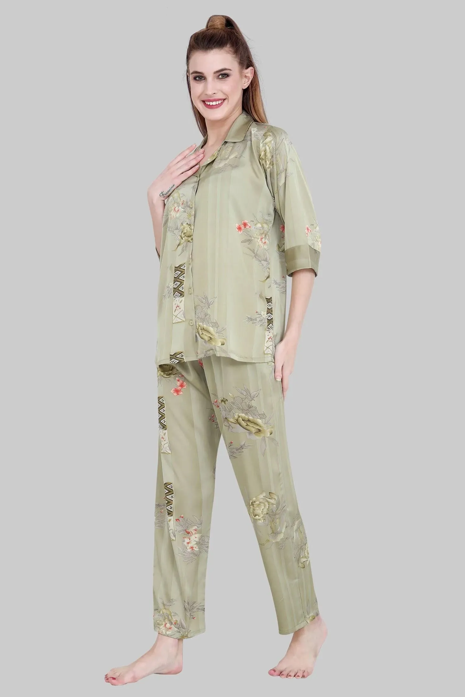 Velure Embellished Floral Print Satin Night Suit