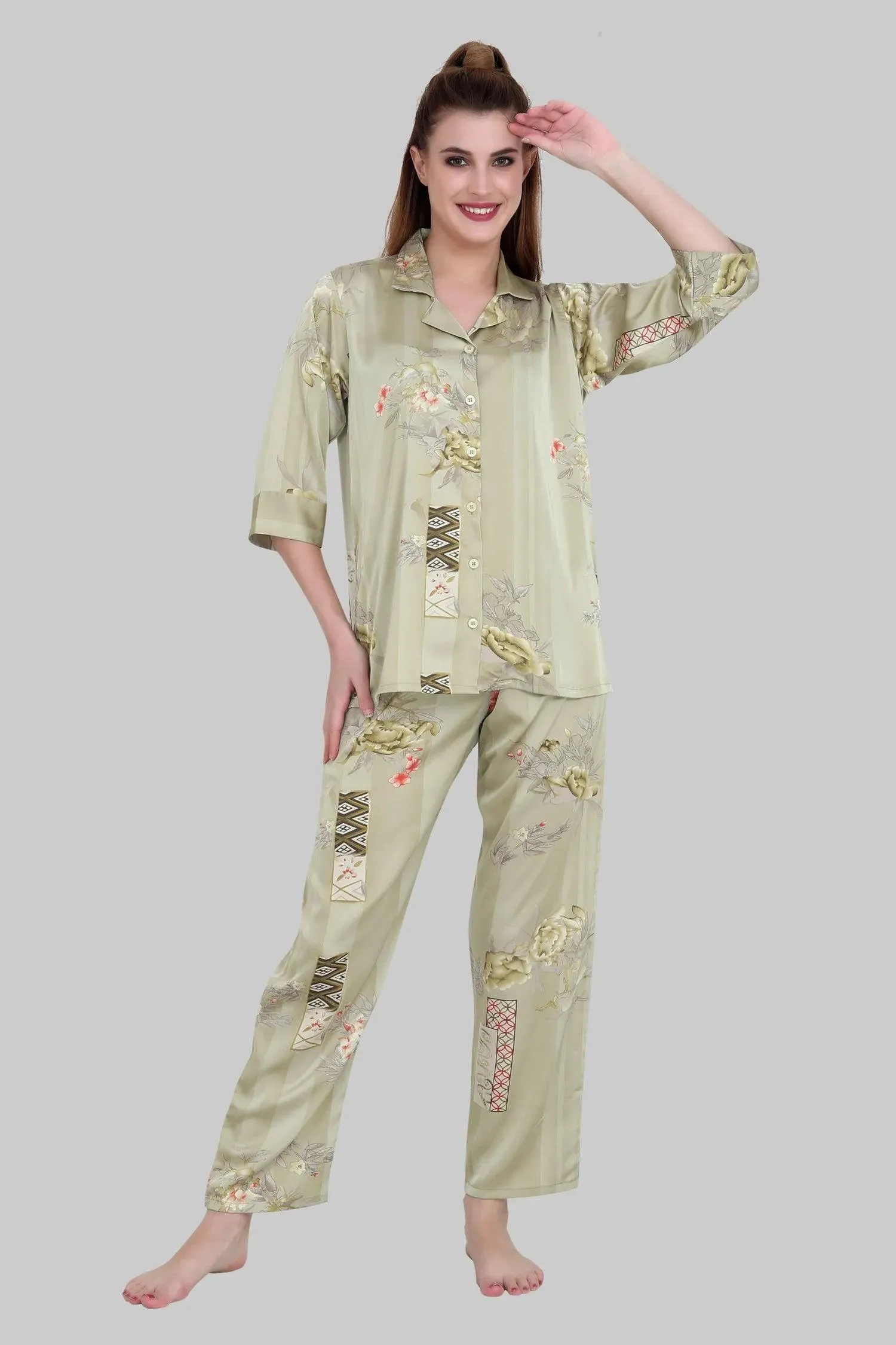 Velure Embellished Floral Print Satin Night Suit