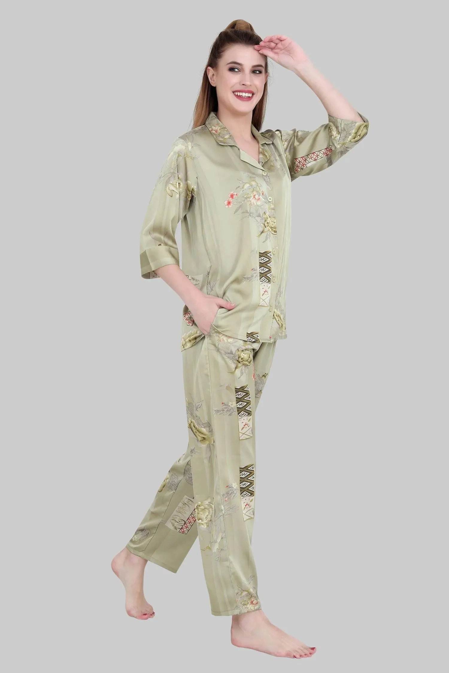 Velure Embellished Floral Print Satin Night Suit