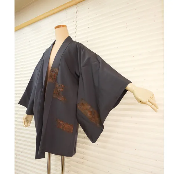Vintage Haori Kimono Jacket Silk,Blue-Gray base, Shosoin Deer Motif