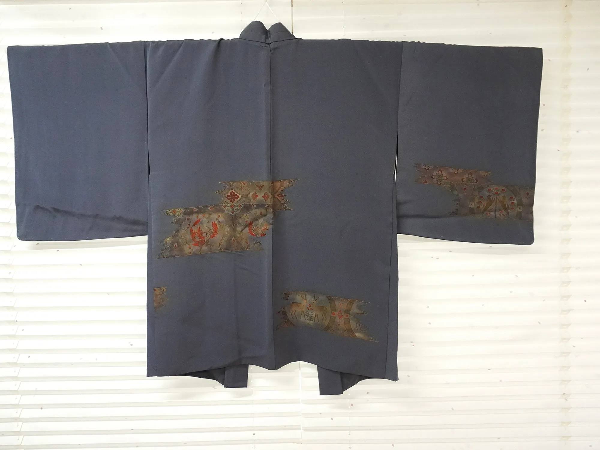 Vintage Haori Kimono Jacket Silk,Blue-Gray base, Shosoin Deer Motif
