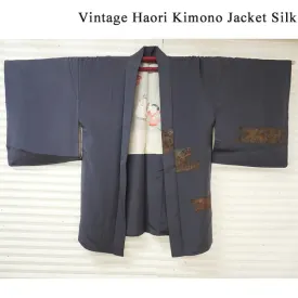 Vintage Haori Kimono Jacket Silk,Blue-Gray base, Shosoin Deer Motif