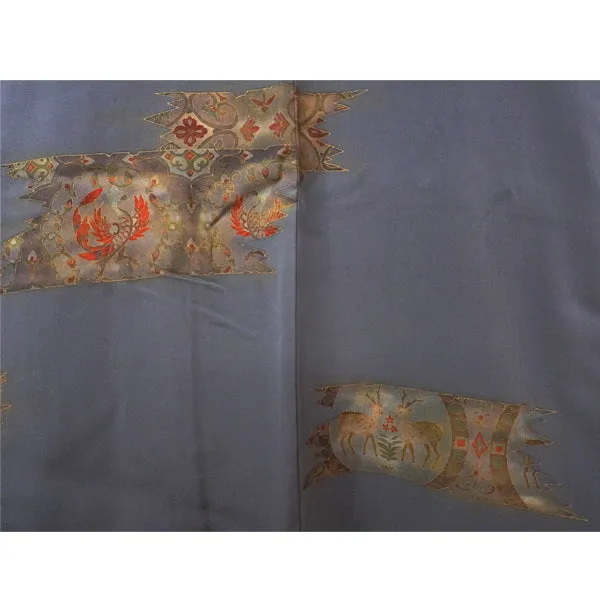 Vintage Haori Kimono Jacket Silk,Blue-Gray base, Shosoin Deer Motif