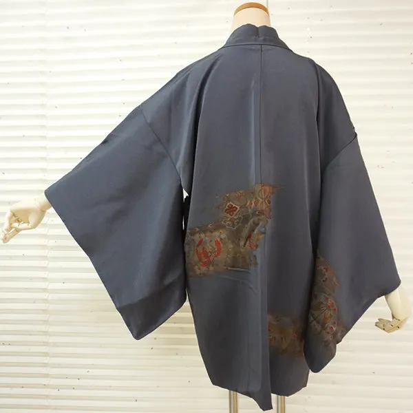 Vintage Haori Kimono Jacket Silk,Blue-Gray base, Shosoin Deer Motif