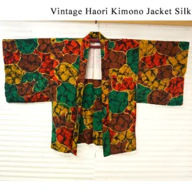 Vintage Haori Kimono Jacket Silk,red base, Colorful & Unique Geometric Pattern