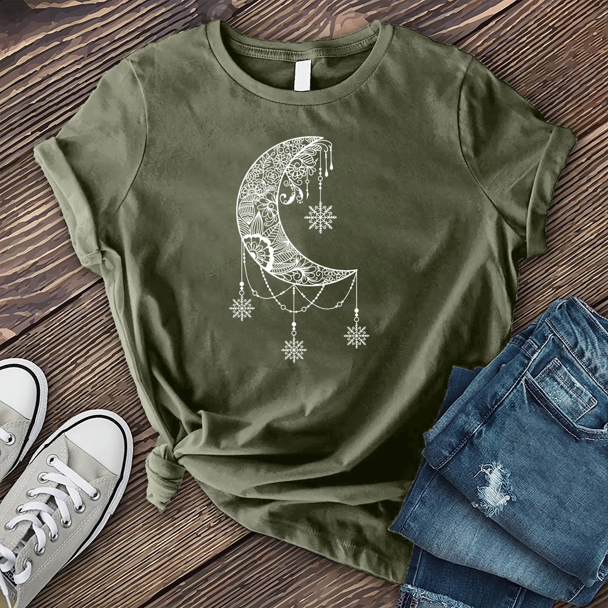 White Moon Snowflake Mandala T-shirt