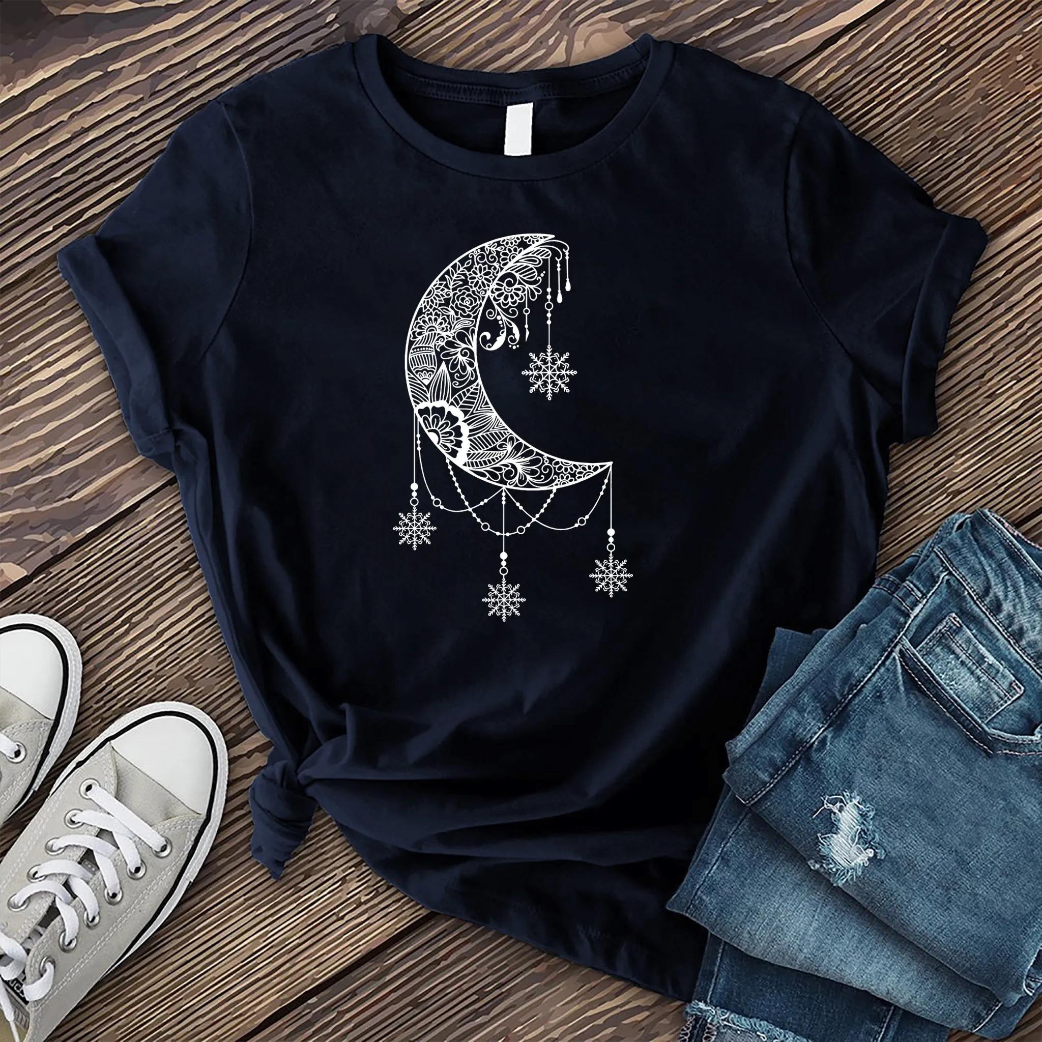 White Moon Snowflake Mandala T-shirt