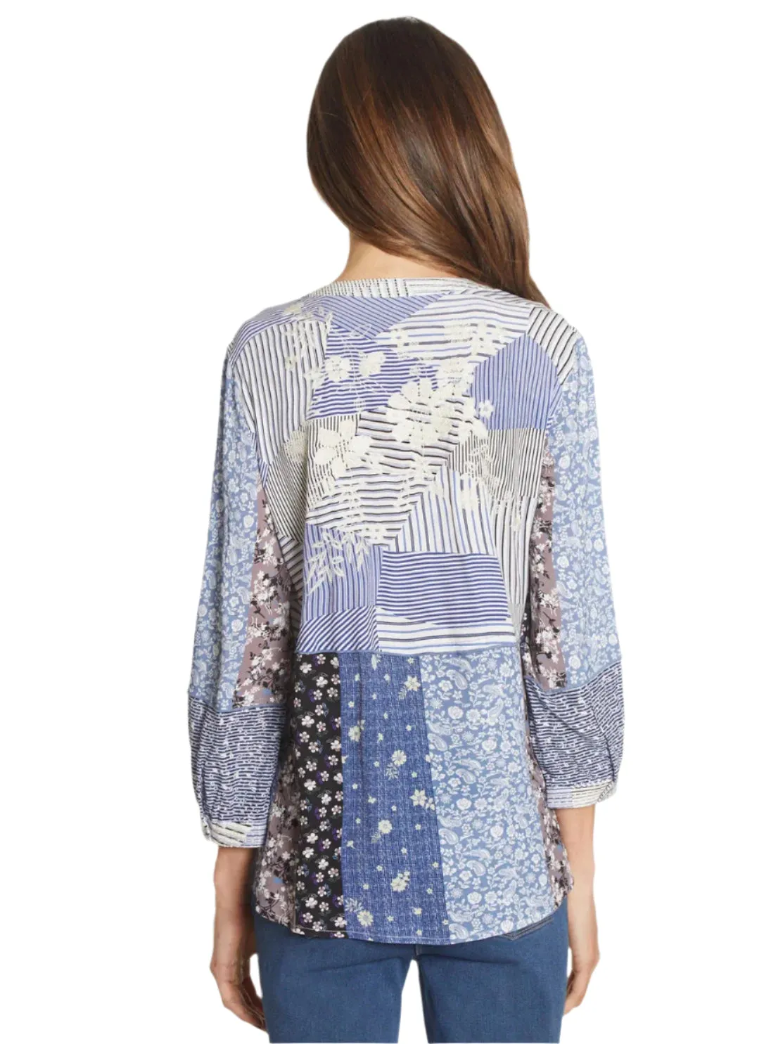 Women's Blue Floral Striped Button Up Tunic-J14237BM