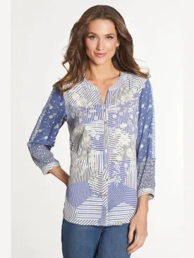 Women's Blue Floral Striped Button Up Tunic-J14237BM