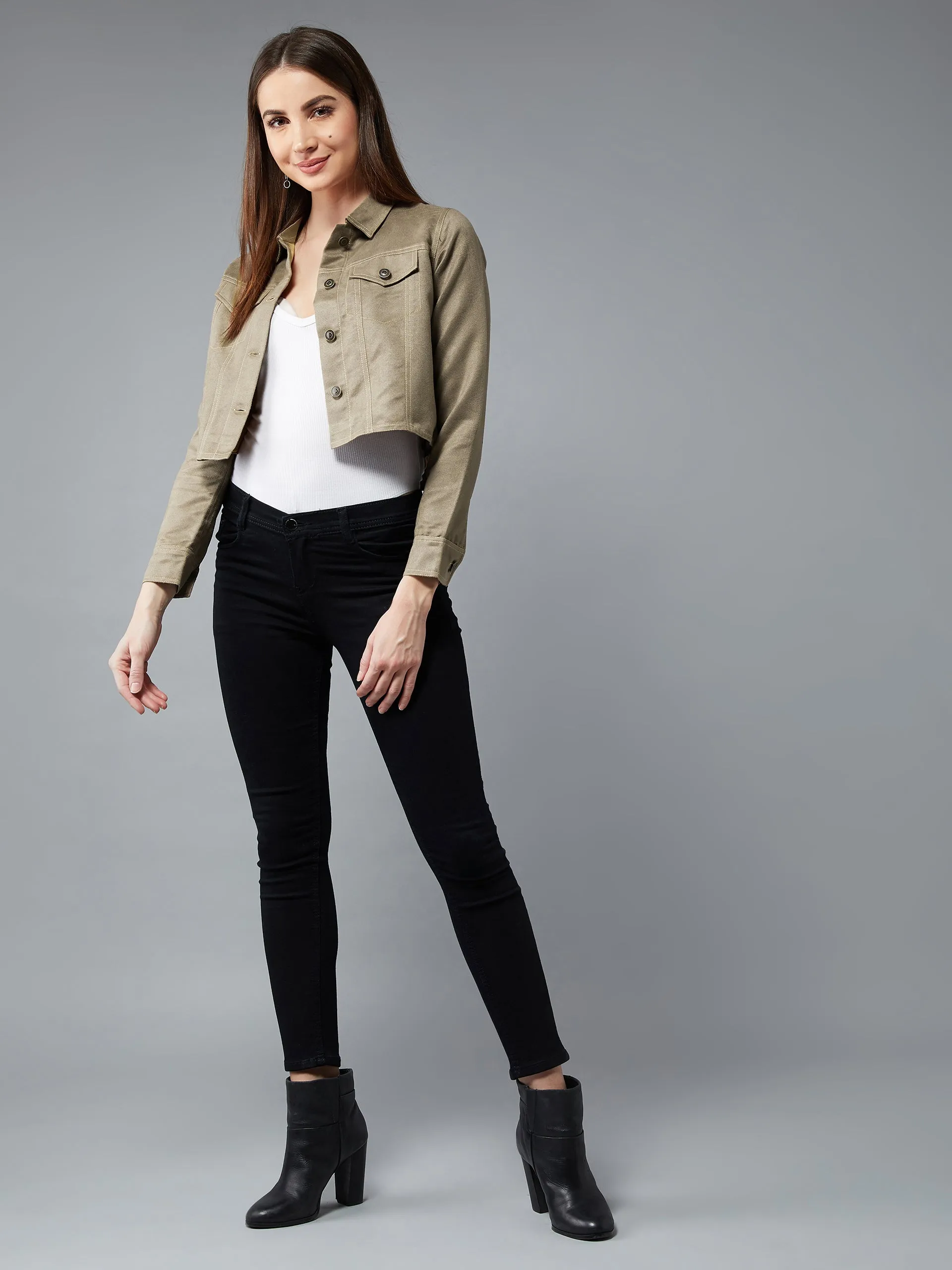 Women's Olive Green Collared Full Sleeves Paneled Cropped Jacket