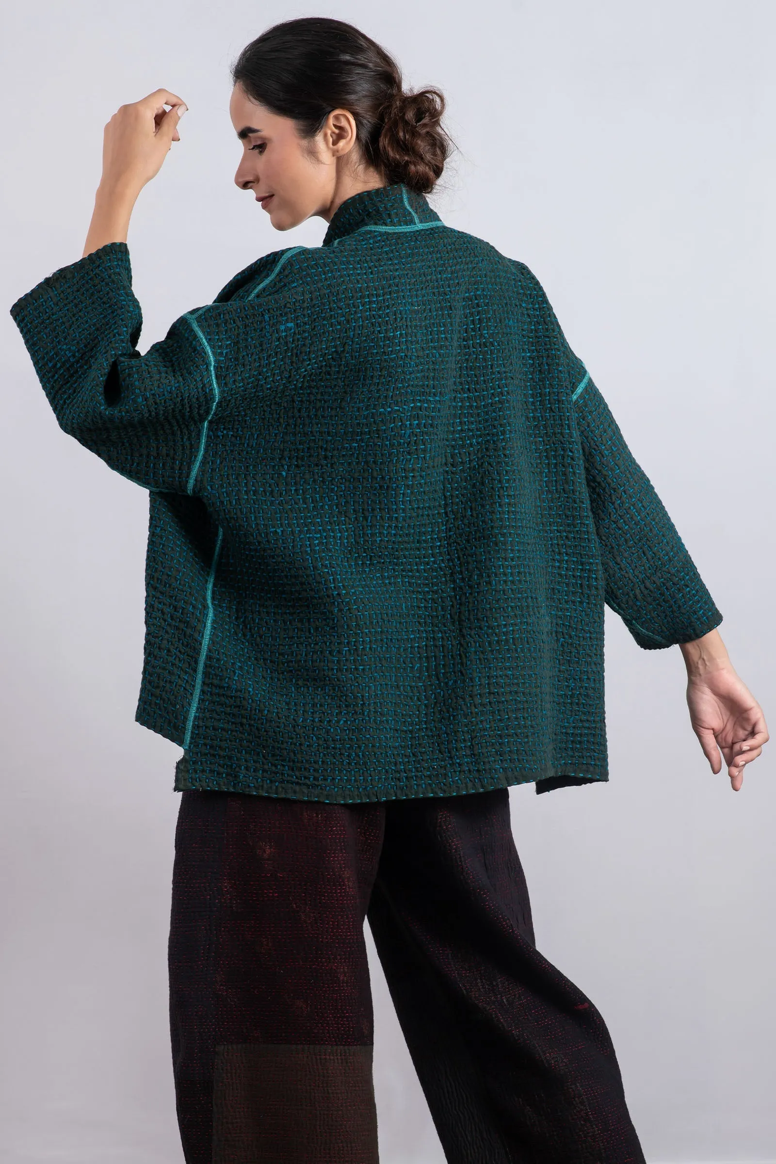 WOOL WAFFLE KANTHA MINI KIMONO JKT - ww3055-tel -