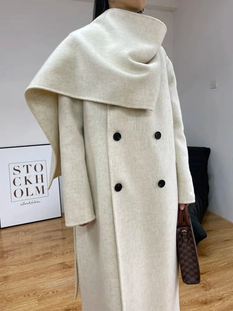 xakxx xakxx-New Fashion Scarf Collar Warm Double-sided Wool Coat Loose Women Fashion Double-breasted Long Woolen Coat Female Clothing Autumn