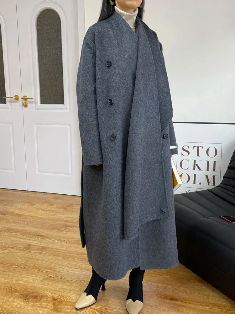 xakxx xakxx-New Fashion Scarf Collar Warm Double-sided Wool Coat Loose Women Fashion Double-breasted Long Woolen Coat Female Clothing Autumn