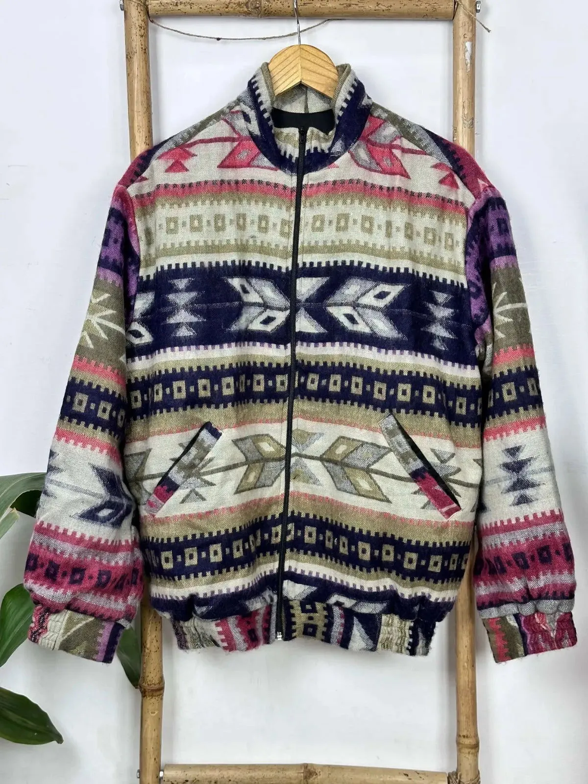 Yak Wool Blend Zipper Jacket Kimono | Autumn Winter Warm Cozy Diamond Aztec Geometric Soft comfy Bomber Bolero Style Sweater | With Pockets