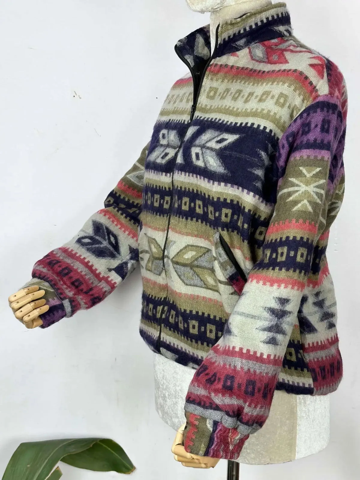 Yak Wool Blend Zipper Jacket Kimono | Autumn Winter Warm Cozy Diamond Aztec Geometric Soft comfy Bomber Bolero Style Sweater | With Pockets