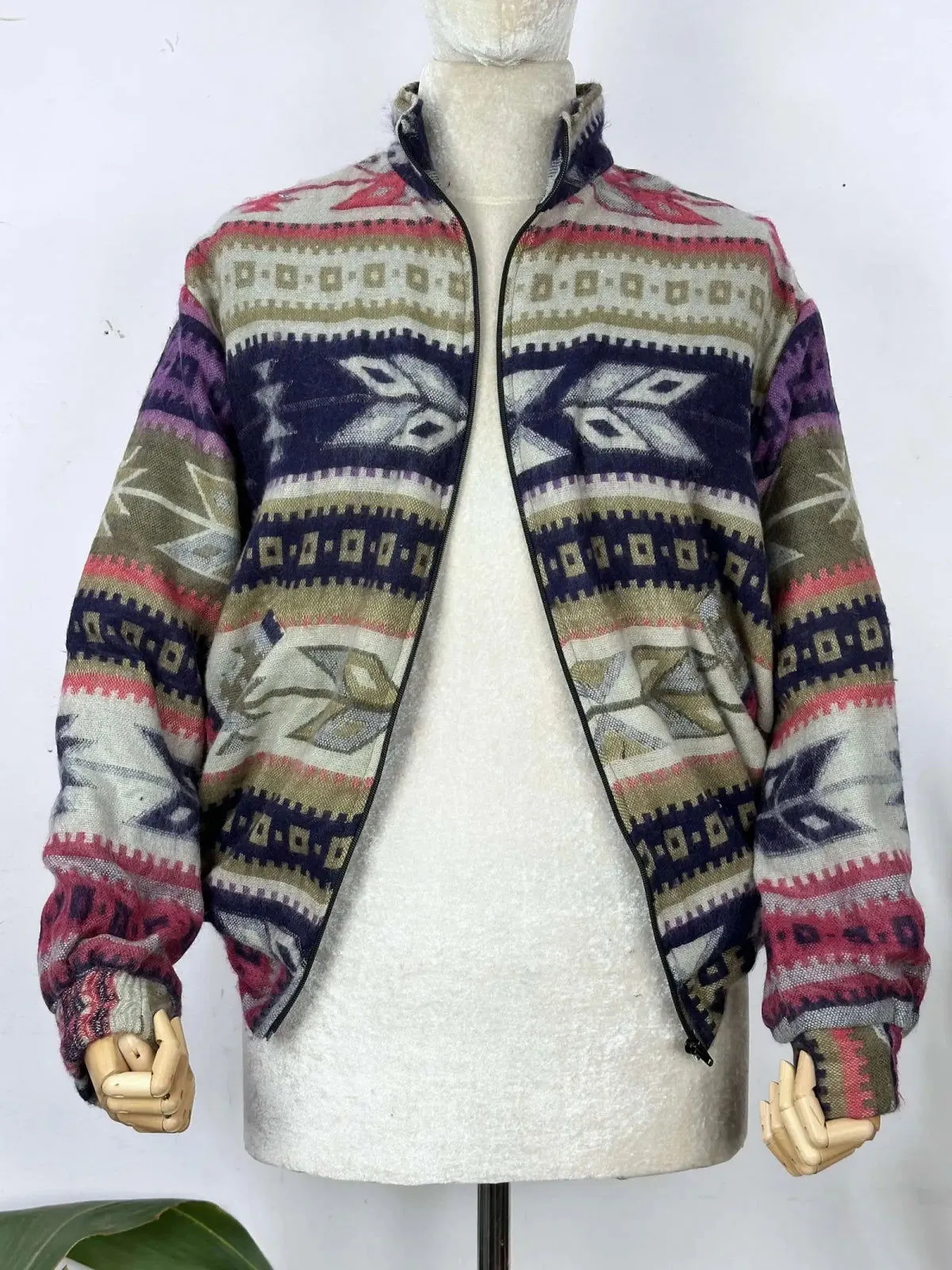 Yak Wool Blend Zipper Jacket Kimono | Autumn Winter Warm Cozy Diamond Aztec Geometric Soft comfy Bomber Bolero Style Sweater | With Pockets